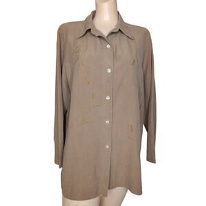 Silk Linen Button Up Top Women Medium Embroidery Minimalist Business Casual